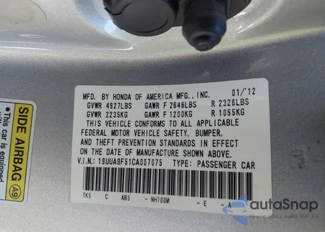 2012 Acura Tl 3.7 z USA, uszkodzony, nr VIN 19UUA9F51CA007075